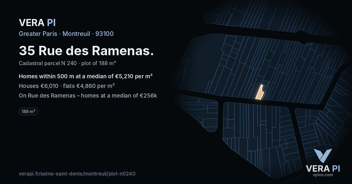 35 Rue des Ramenas, Montreuil at night – the plot lit, the parcels around coloured by the prices near them