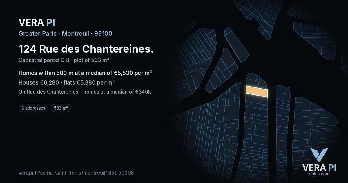 124 Rue des Chantereines, Montreuil at night – the plot lit, the parcels around coloured by the prices near them
