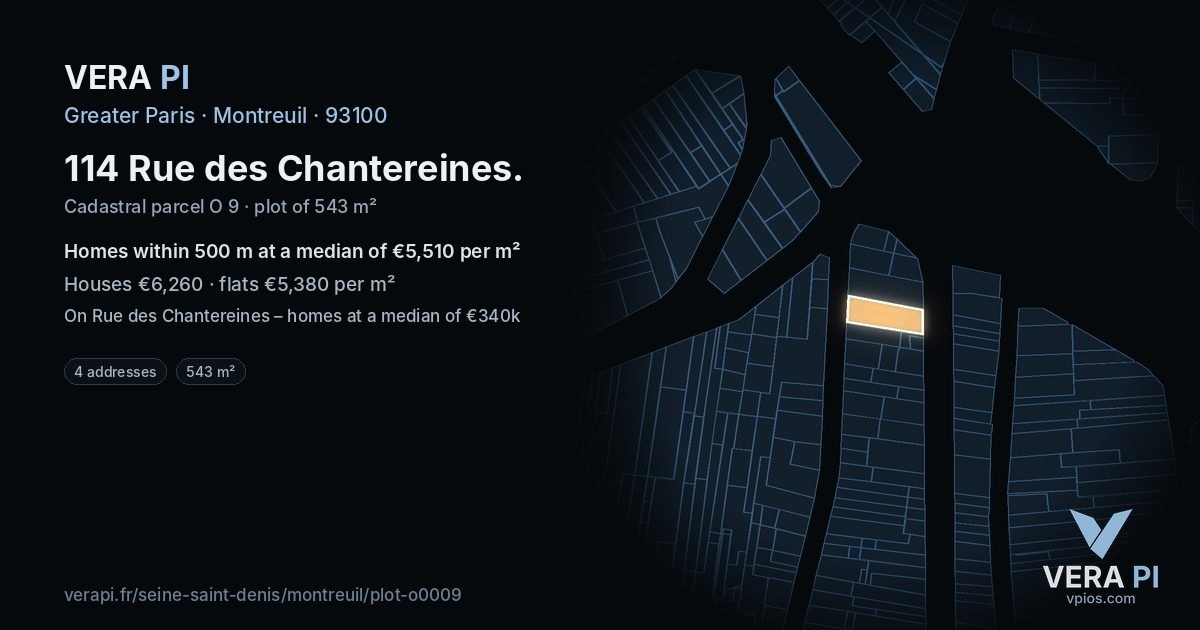 114 Rue des Chantereines, Montreuil at night – the plot lit, the parcels around coloured by the prices near them