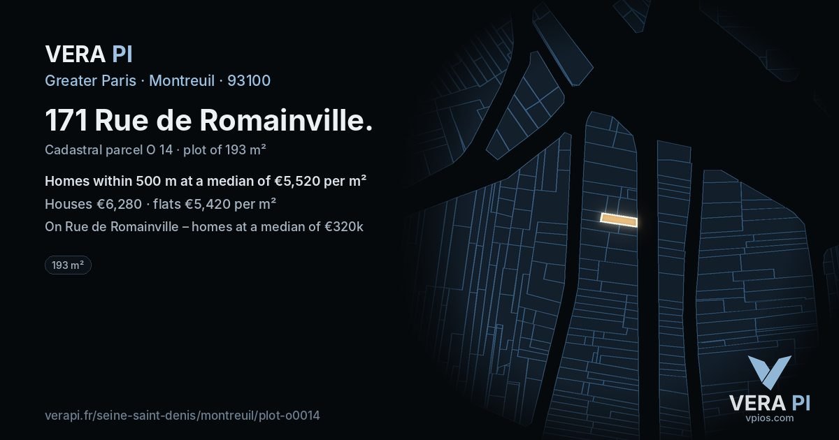 171 Rue de Romainville, Montreuil at night – the plot lit, the parcels around coloured by the prices near them