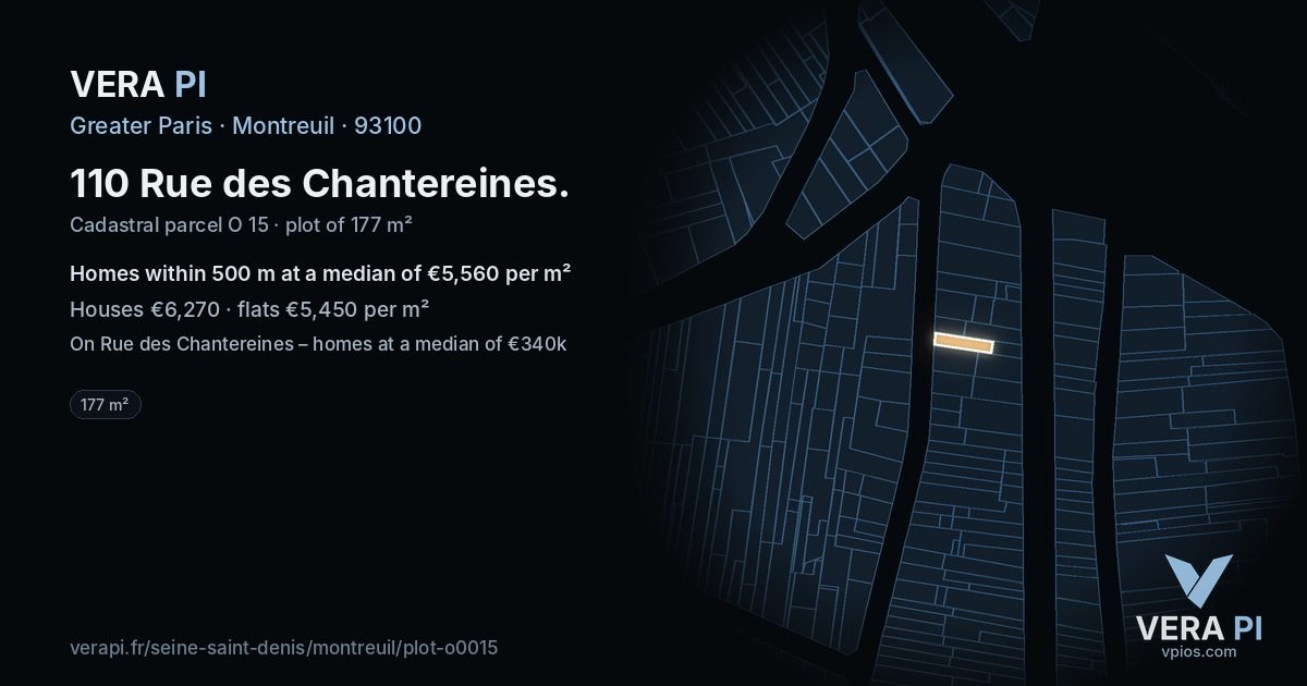 110 Rue des Chantereines, Montreuil at night – the plot lit, the parcels around coloured by the prices near them