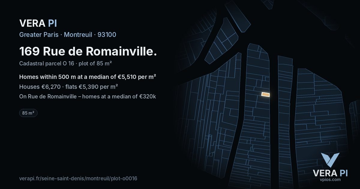169 Rue de Romainville, Montreuil at night – the plot lit, the parcels around coloured by the prices near them