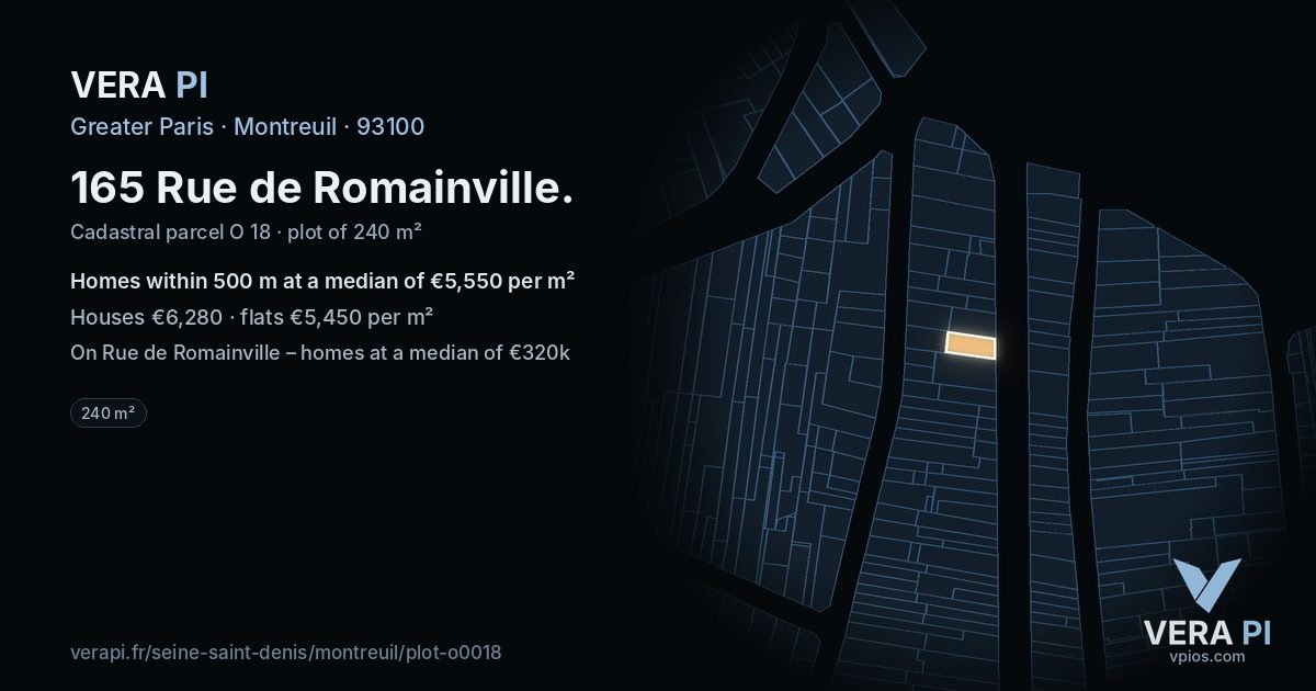165 Rue de Romainville, Montreuil at night – the plot lit, the parcels around coloured by the prices near them