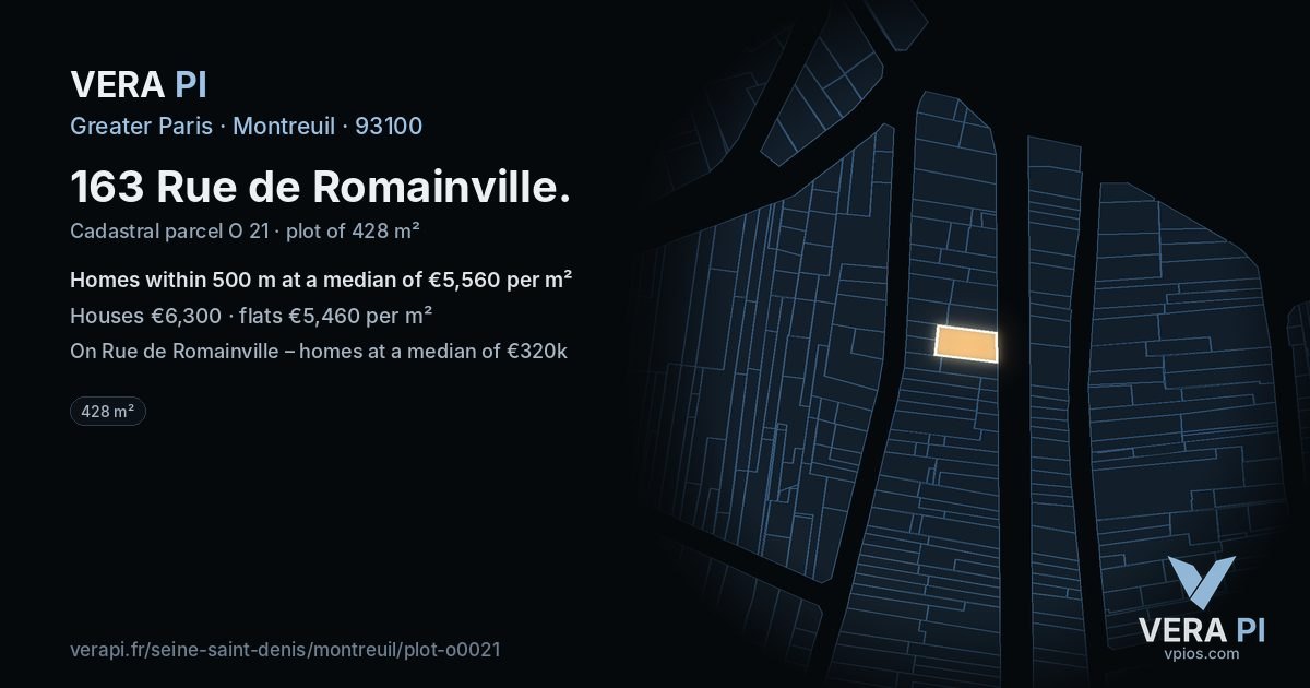 163 Rue de Romainville, Montreuil at night – the plot lit, the parcels around coloured by the prices near them