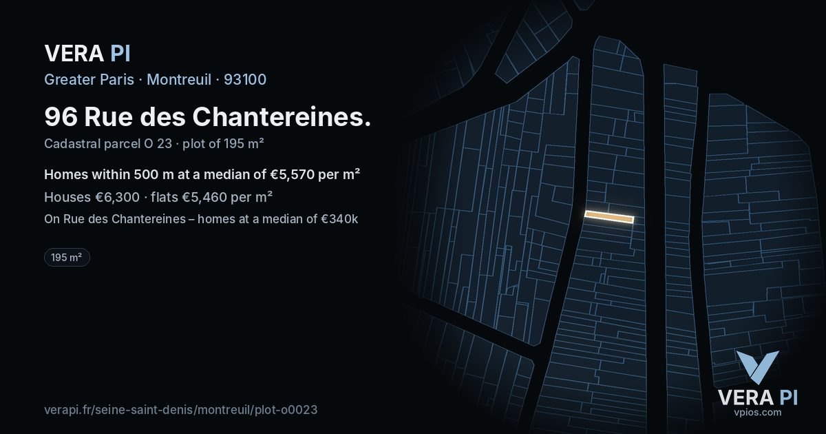 96 Rue des Chantereines, Montreuil at night – the plot lit, the parcels around coloured by the prices near them