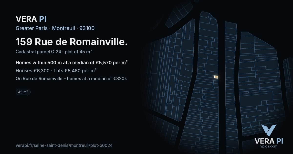 159 Rue de Romainville, Montreuil at night – the plot lit, the parcels around coloured by the prices near them