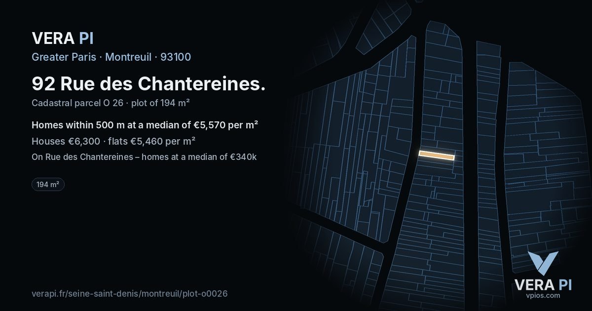 92 Rue des Chantereines, Montreuil at night – the plot lit, the parcels around coloured by the prices near them
