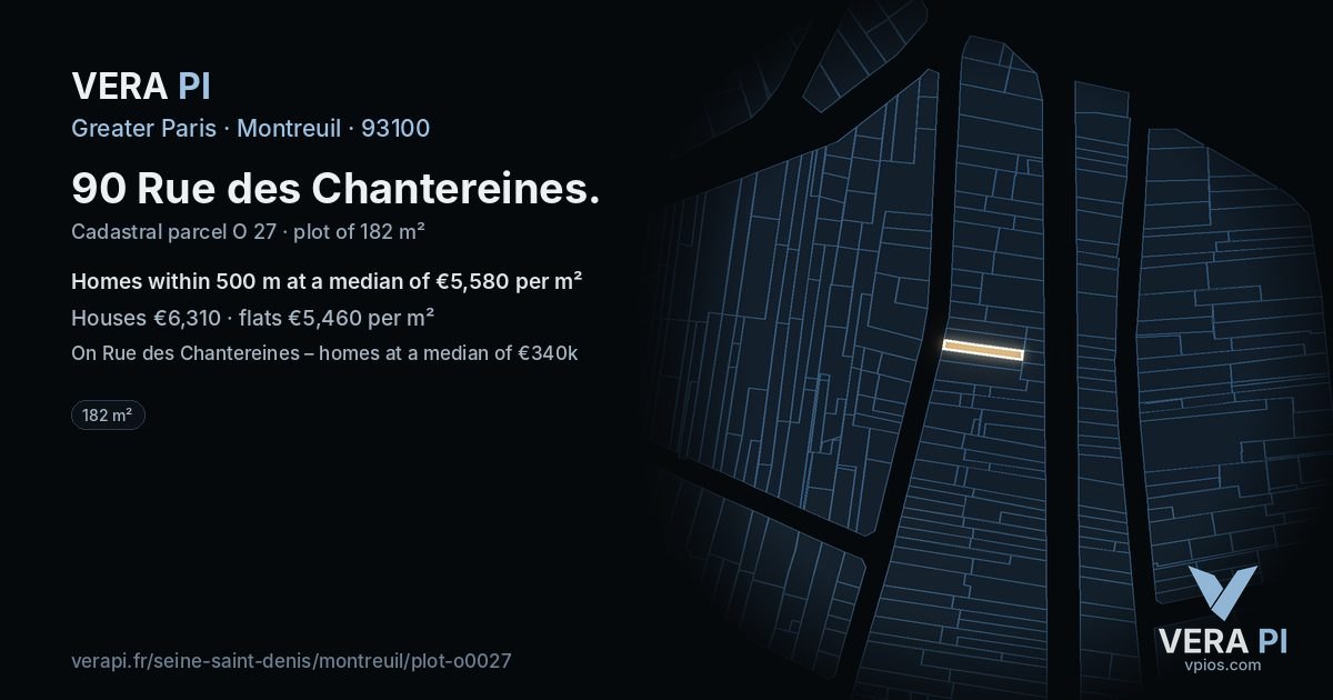 90 Rue des Chantereines, Montreuil at night – the plot lit, the parcels around coloured by the prices near them