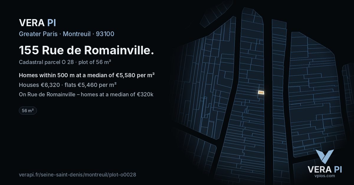 155 Rue de Romainville, Montreuil at night – the plot lit, the parcels around coloured by the prices near them