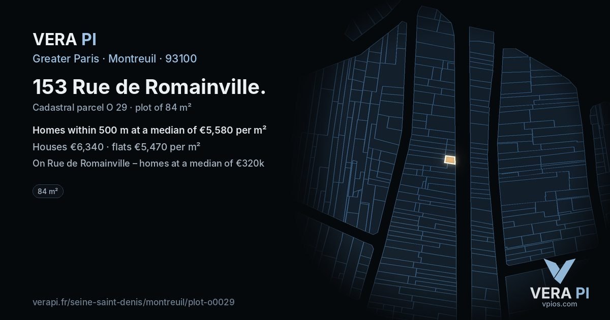 153 Rue de Romainville, Montreuil at night – the plot lit, the parcels around coloured by the prices near them
