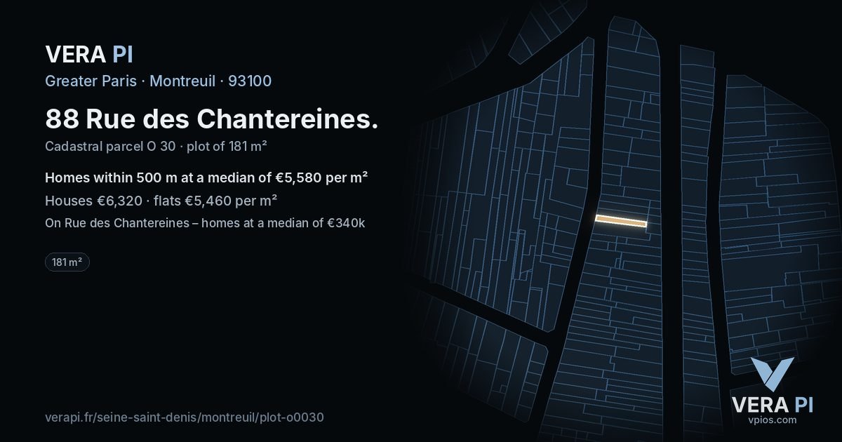 88 Rue des Chantereines, Montreuil at night – the plot lit, the parcels around coloured by the prices near them