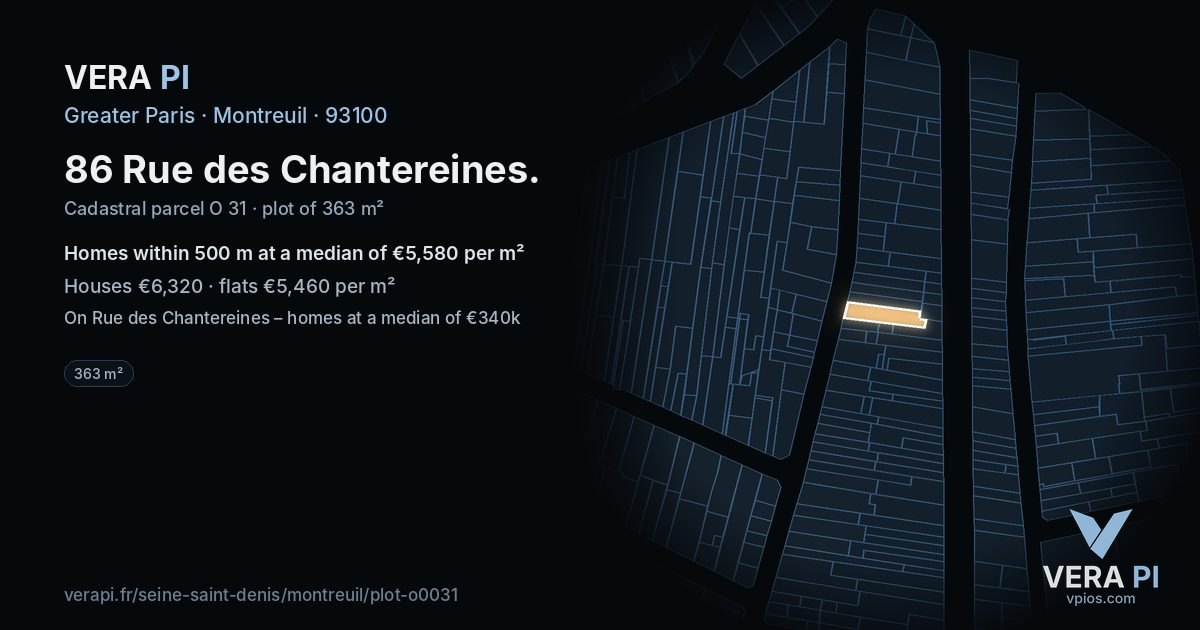 86 Rue des Chantereines, Montreuil at night – the plot lit, the parcels around coloured by the prices near them