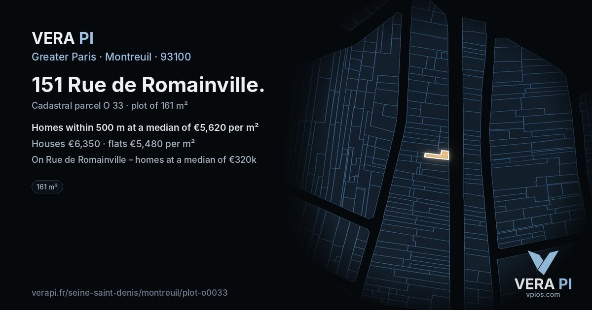 151 Rue de Romainville, Montreuil at night – the plot lit, the parcels around coloured by the prices near them