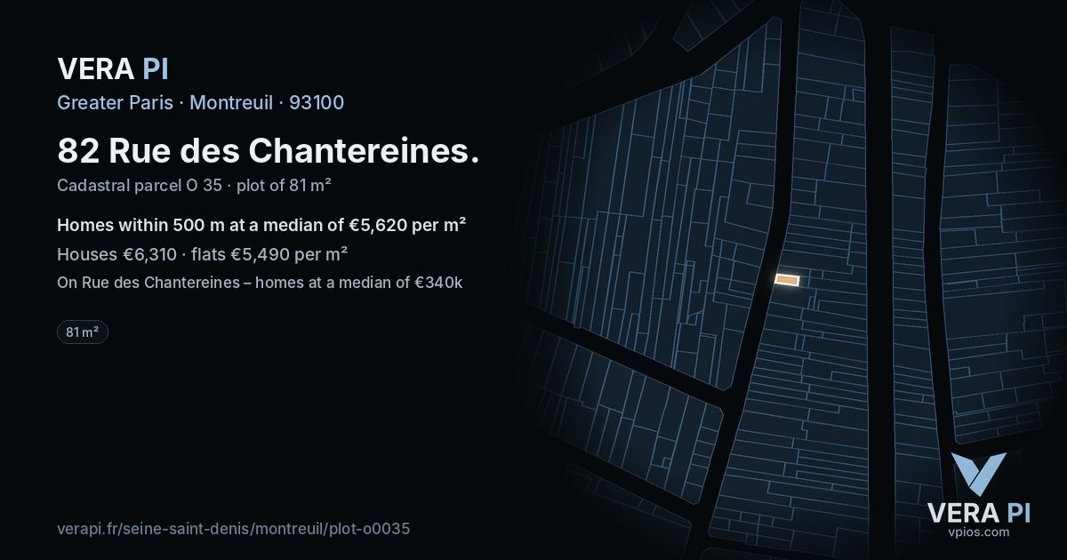 82 Rue des Chantereines, Montreuil at night – the plot lit, the parcels around coloured by the prices near them
