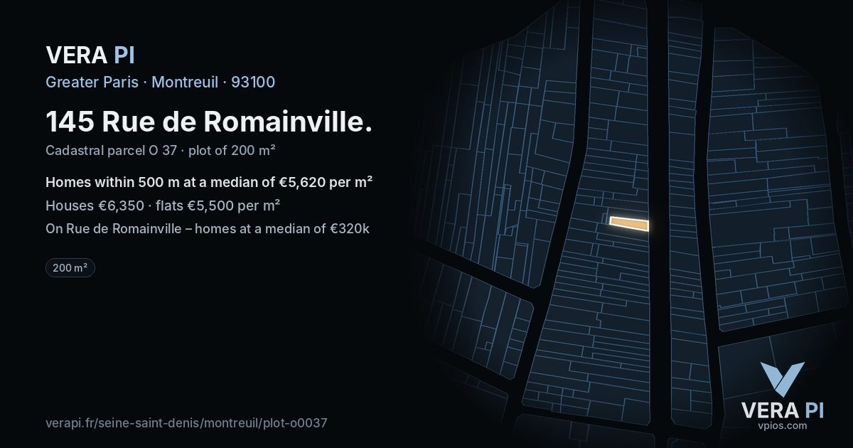 145 Rue de Romainville, Montreuil at night – the plot lit, the parcels around coloured by the prices near them