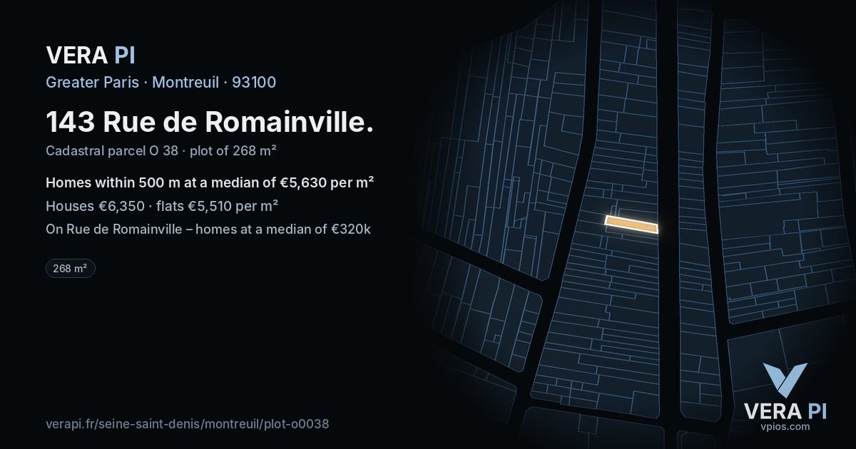 143 Rue de Romainville, Montreuil at night – the plot lit, the parcels around coloured by the prices near them