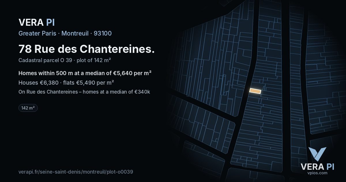 78 Rue des Chantereines, Montreuil at night – the plot lit, the parcels around coloured by the prices near them