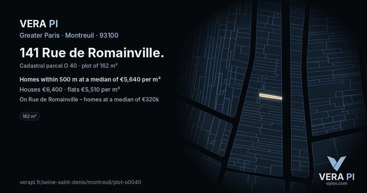 141 Rue de Romainville, Montreuil at night – the plot lit, the parcels around coloured by the prices near them