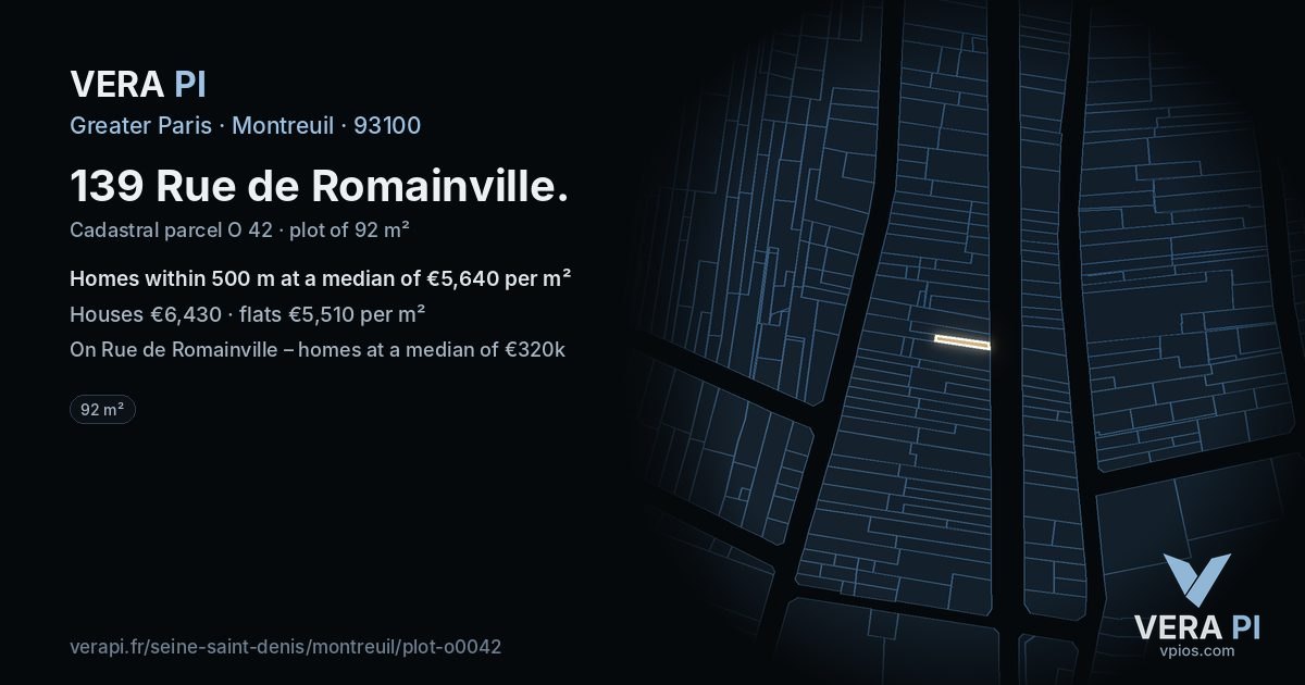 139 Rue de Romainville, Montreuil at night – the plot lit, the parcels around coloured by the prices near them