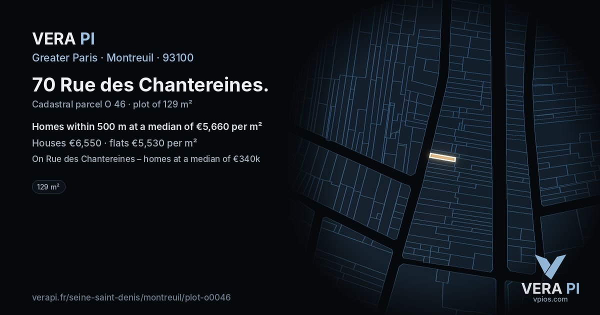 70 Rue des Chantereines, Montreuil at night – the plot lit, the parcels around coloured by the prices near them