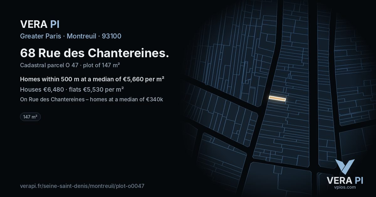 68 Rue des Chantereines, Montreuil at night – the plot lit, the parcels around coloured by the prices near them