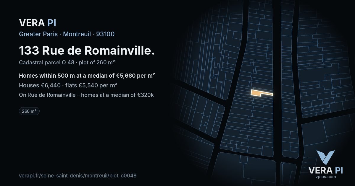 133 Rue de Romainville, Montreuil at night – the plot lit, the parcels around coloured by the prices near them