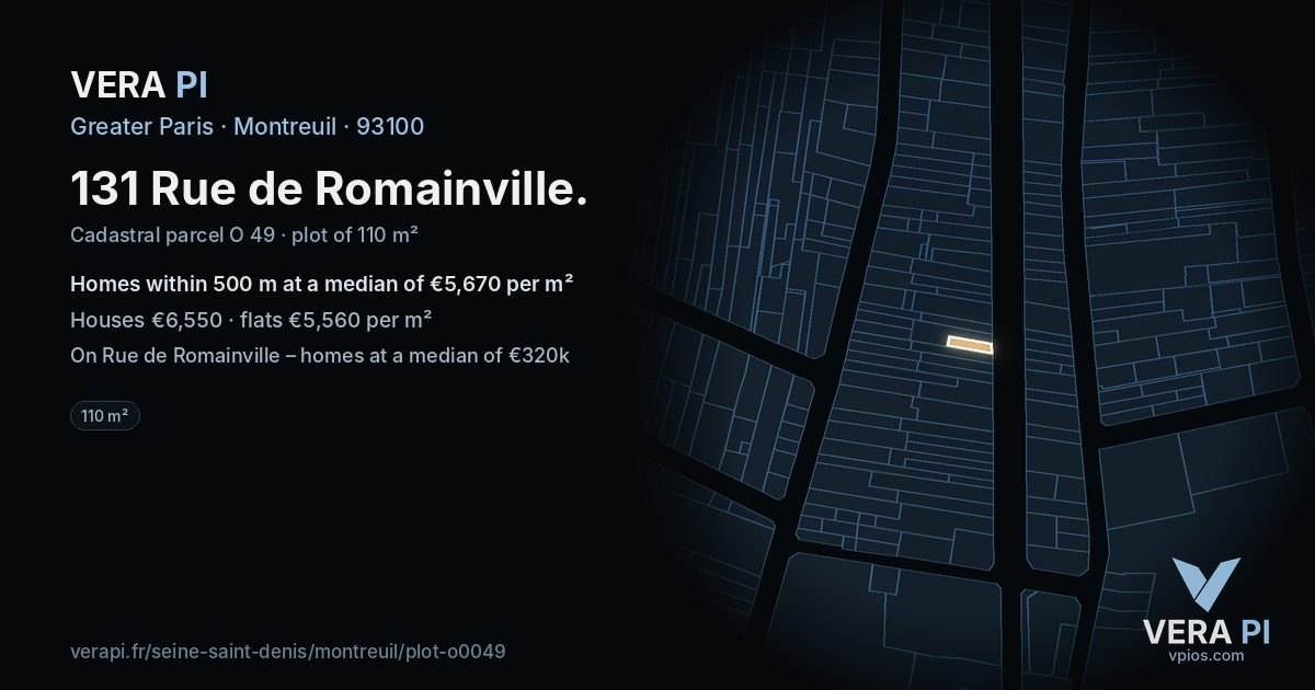 131 Rue de Romainville, Montreuil at night – the plot lit, the parcels around coloured by the prices near them