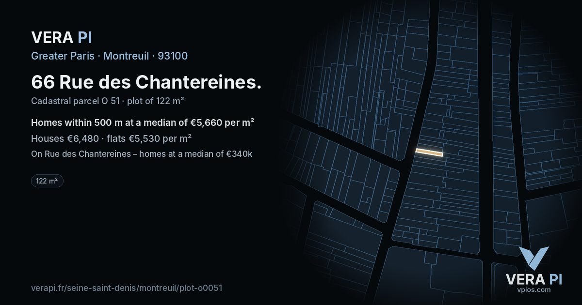 66 Rue des Chantereines, Montreuil at night – the plot lit, the parcels around coloured by the prices near them