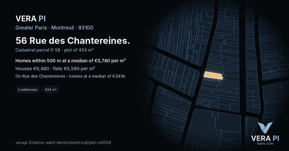 56 Rue des Chantereines, Montreuil at night – the plot lit, the parcels around coloured by the prices near them