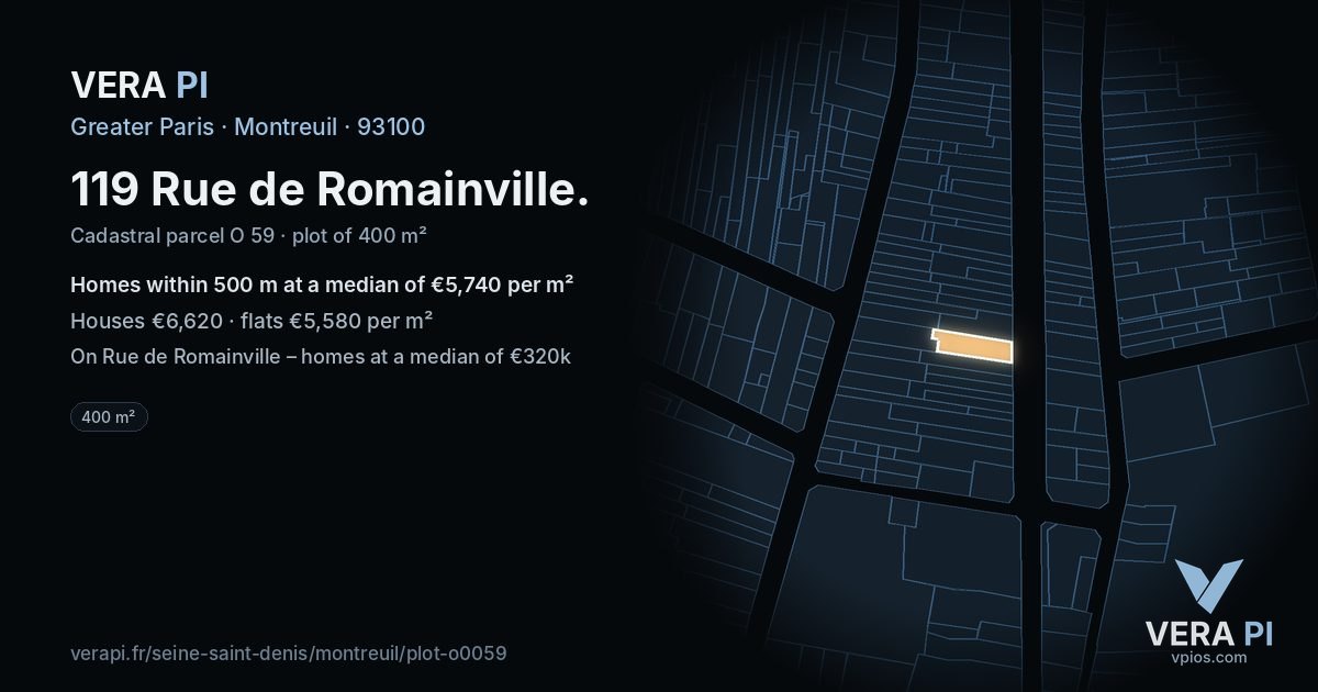 119 Rue de Romainville, Montreuil at night – the plot lit, the parcels around coloured by the prices near them
