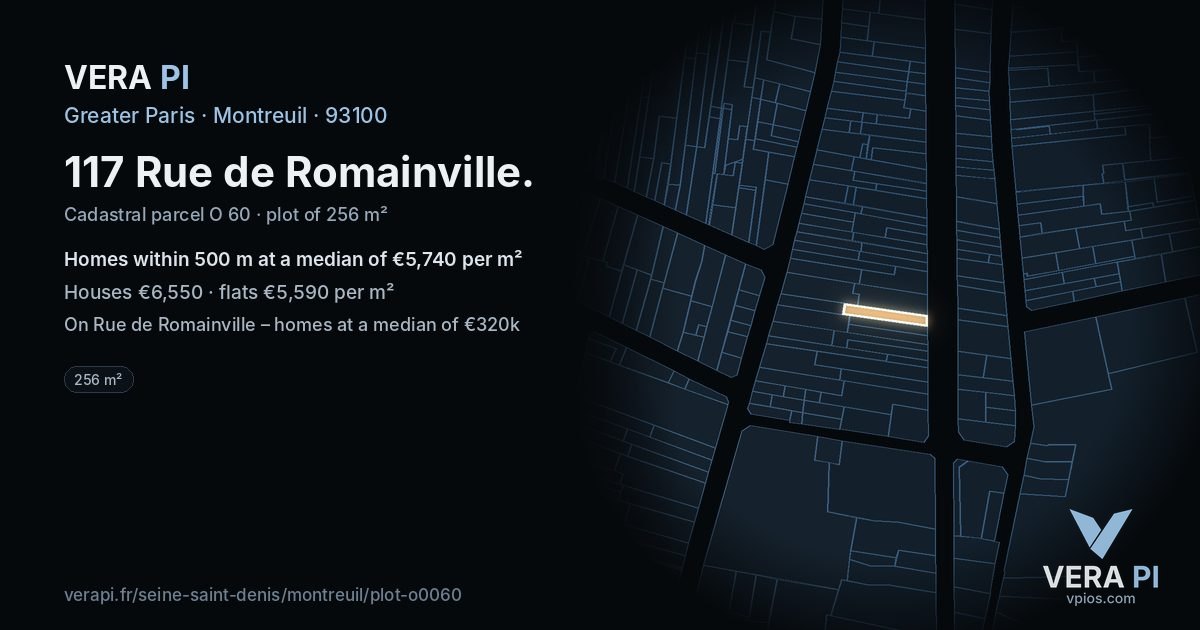 117 Rue de Romainville, Montreuil at night – the plot lit, the parcels around coloured by the prices near them