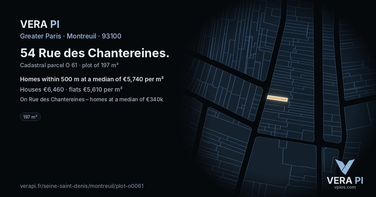54 Rue des Chantereines, Montreuil at night – the plot lit, the parcels around coloured by the prices near them