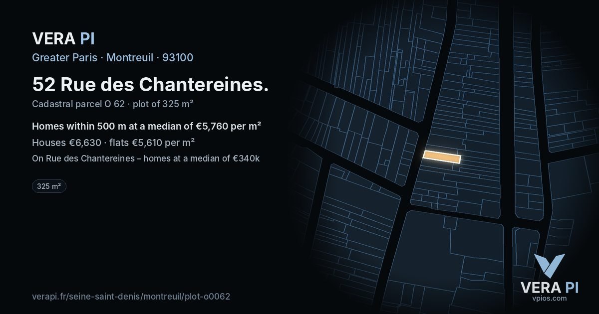 52 Rue des Chantereines, Montreuil at night – the plot lit, the parcels around coloured by the prices near them