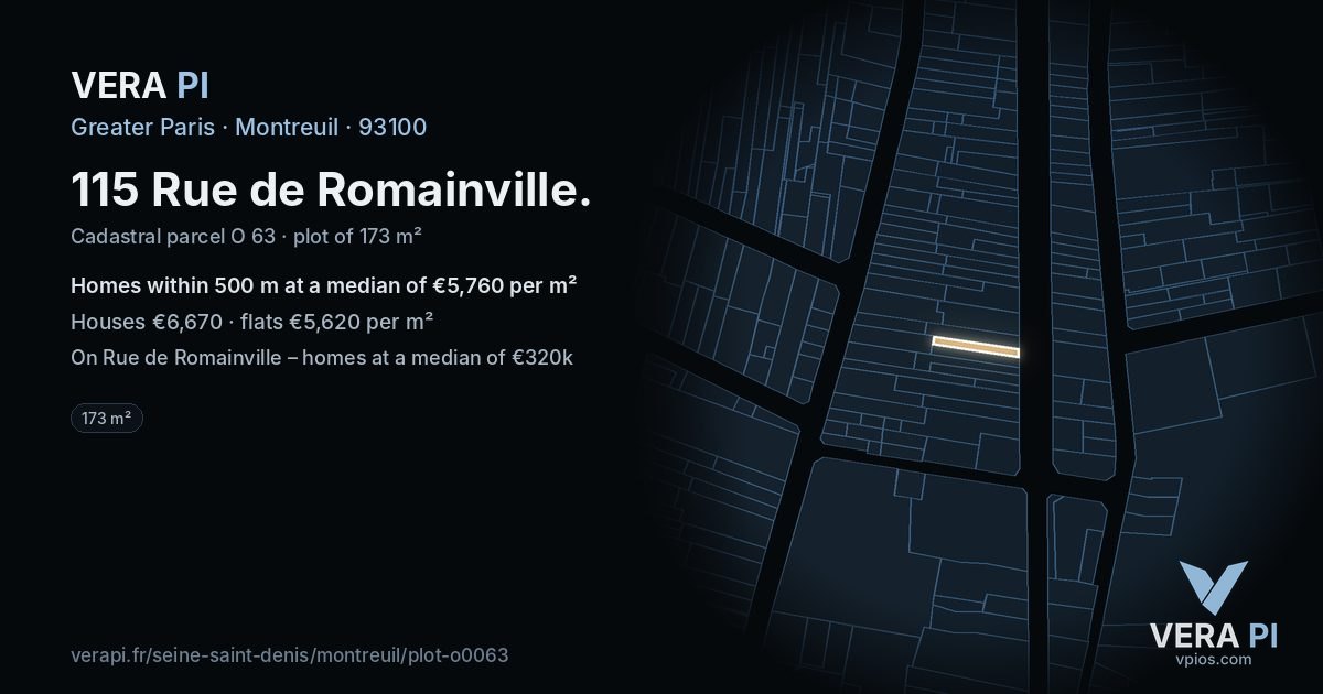 115 Rue de Romainville, Montreuil at night – the plot lit, the parcels around coloured by the prices near them