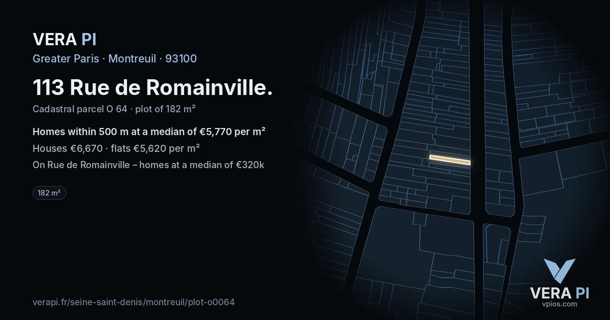 113 Rue de Romainville, Montreuil at night – the plot lit, the parcels around coloured by the prices near them