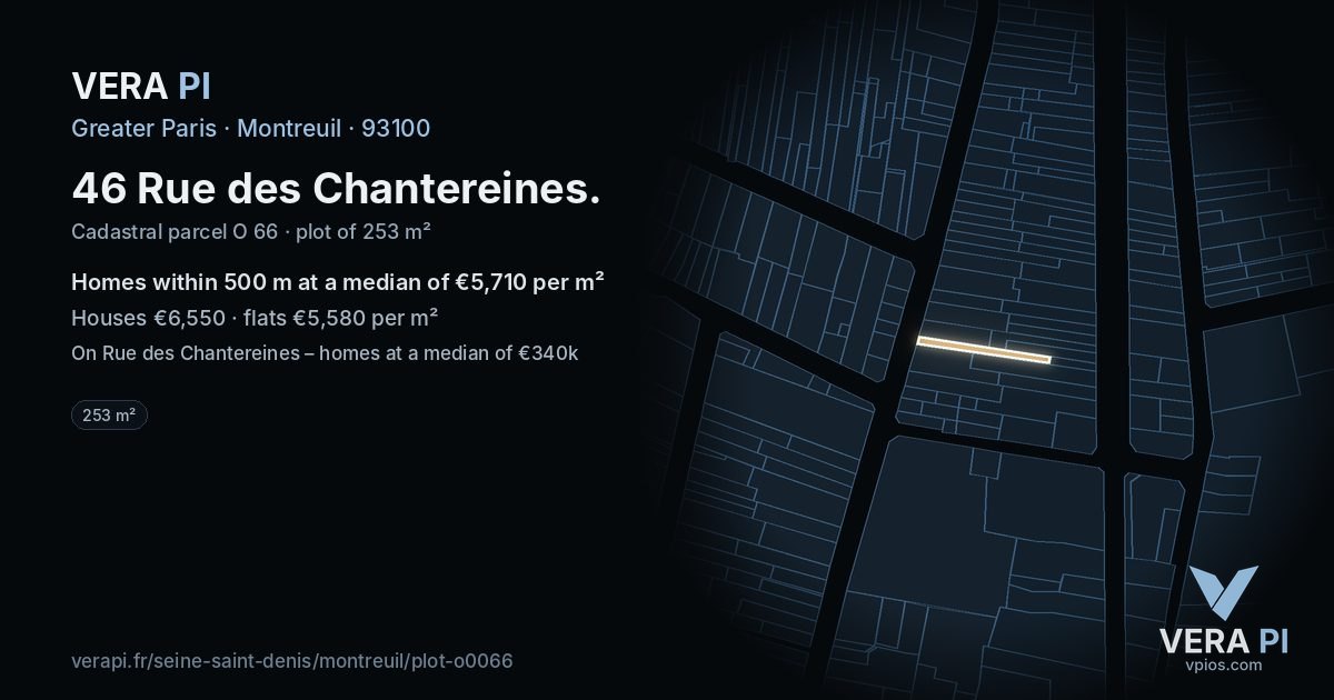 46 Rue des Chantereines, Montreuil at night – the plot lit, the parcels around coloured by the prices near them