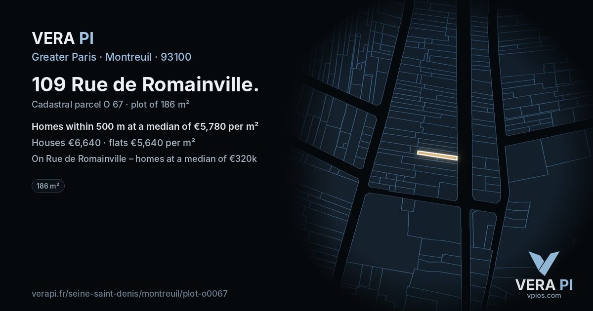 109 Rue de Romainville, Montreuil at night – the plot lit, the parcels around coloured by the prices near them