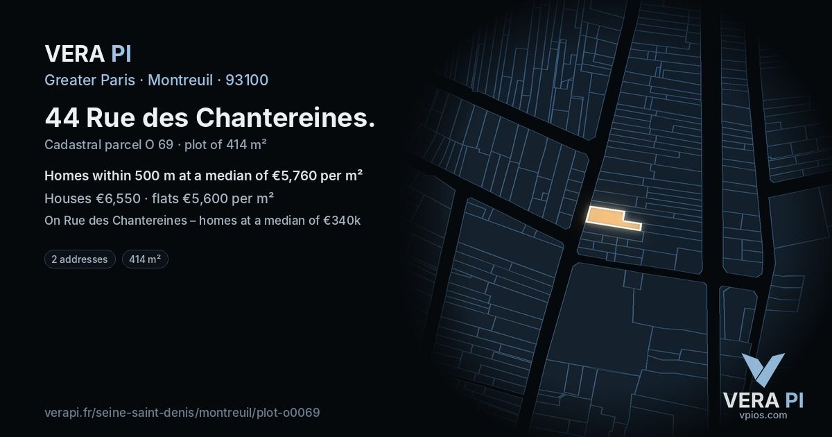 44 Rue des Chantereines, Montreuil at night – the plot lit, the parcels around coloured by the prices near them