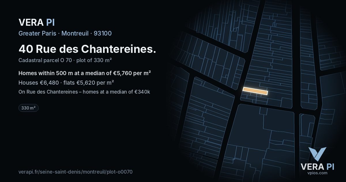 40 Rue des Chantereines, Montreuil at night – the plot lit, the parcels around coloured by the prices near them
