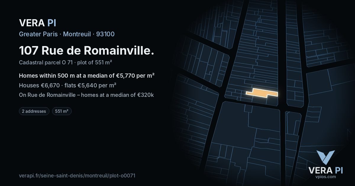 107 Rue de Romainville, Montreuil at night – the plot lit, the parcels around coloured by the prices near them