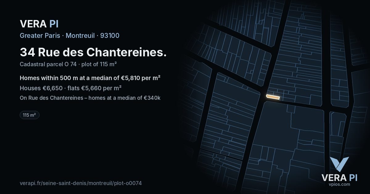 34 Rue des Chantereines, Montreuil at night – the plot lit, the parcels around coloured by the prices near them