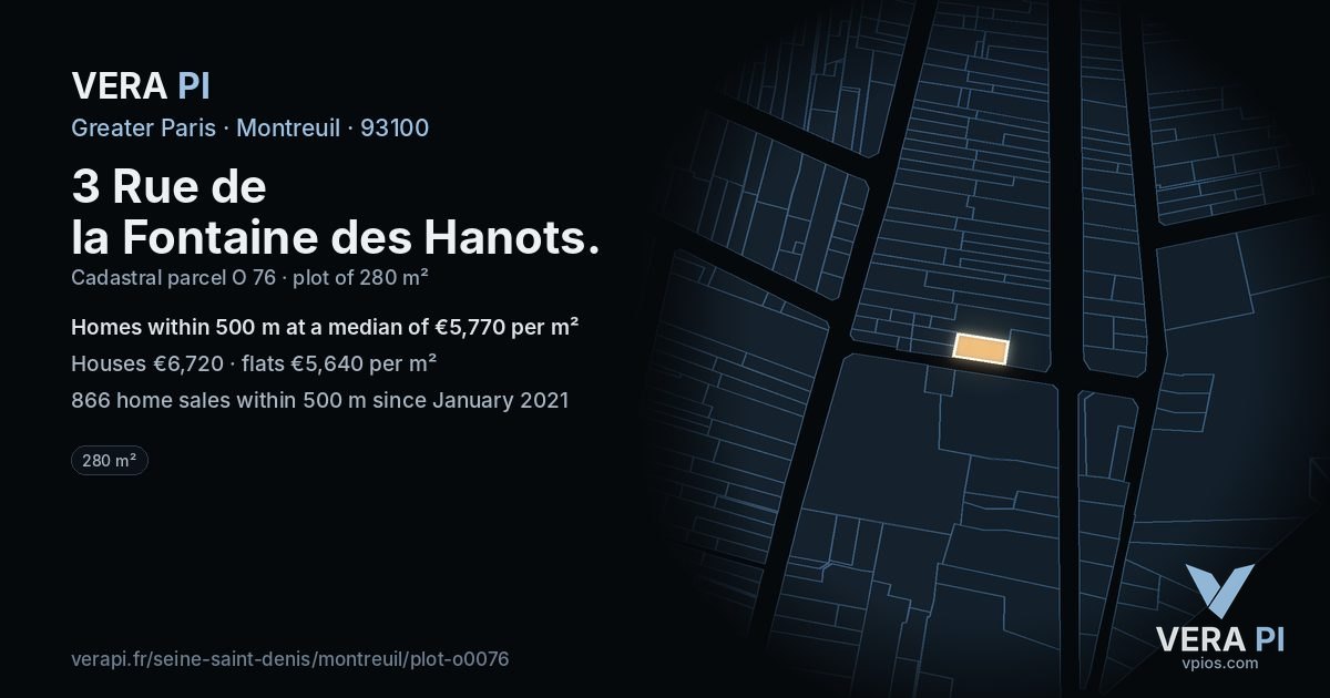 3 Rue de la Fontaine des Hanots, Montreuil at night – the plot lit, the parcels around coloured by the prices near them