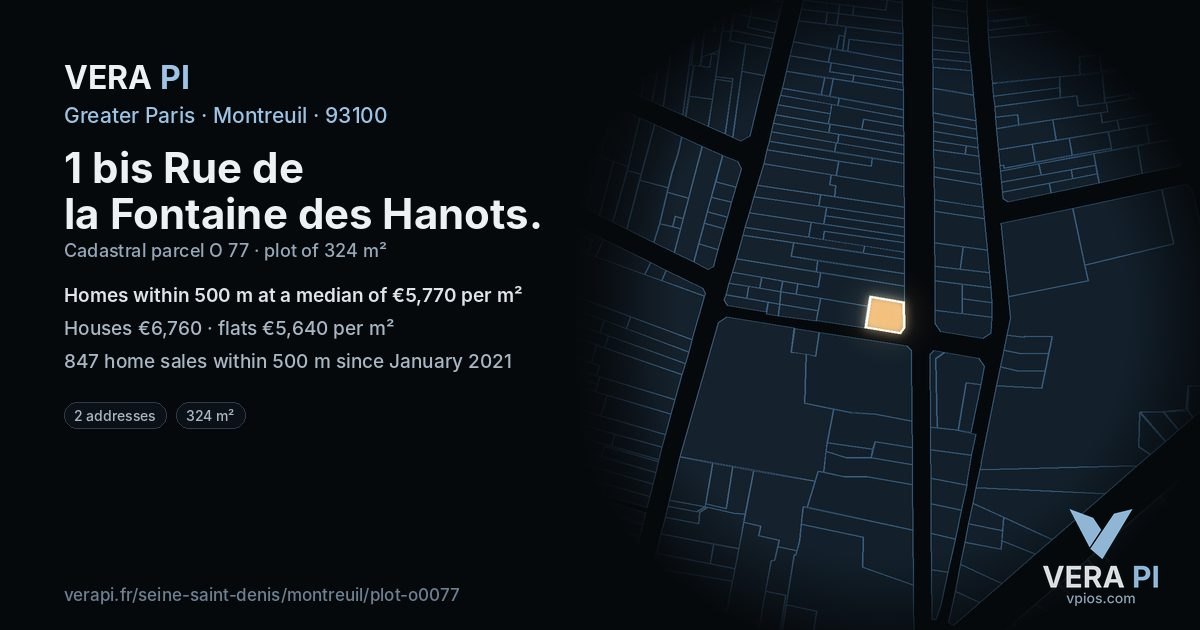 1 bis Rue de la Fontaine des Hanots, Montreuil at night – the plot lit, the parcels around coloured by the prices near them