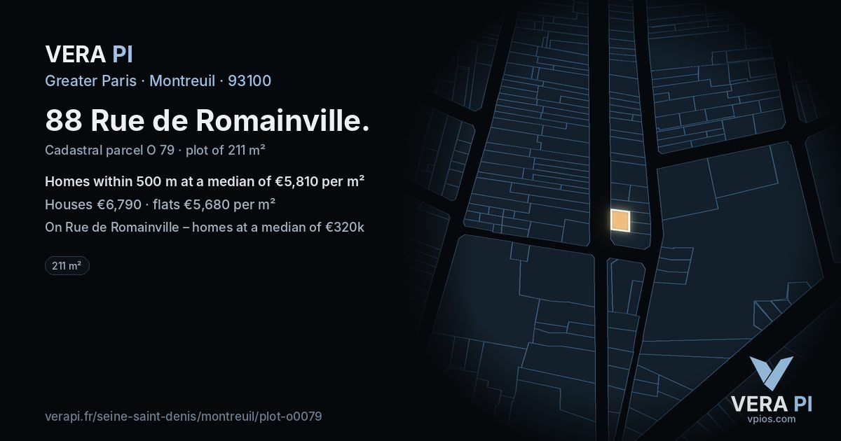 88 Rue de Romainville, Montreuil at night – the plot lit, the parcels around coloured by the prices near them