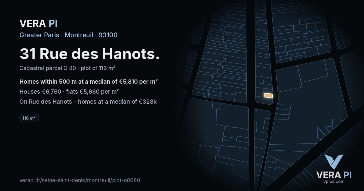 31 Rue des Hanots, Montreuil at night – the plot lit, the parcels around coloured by the prices near them