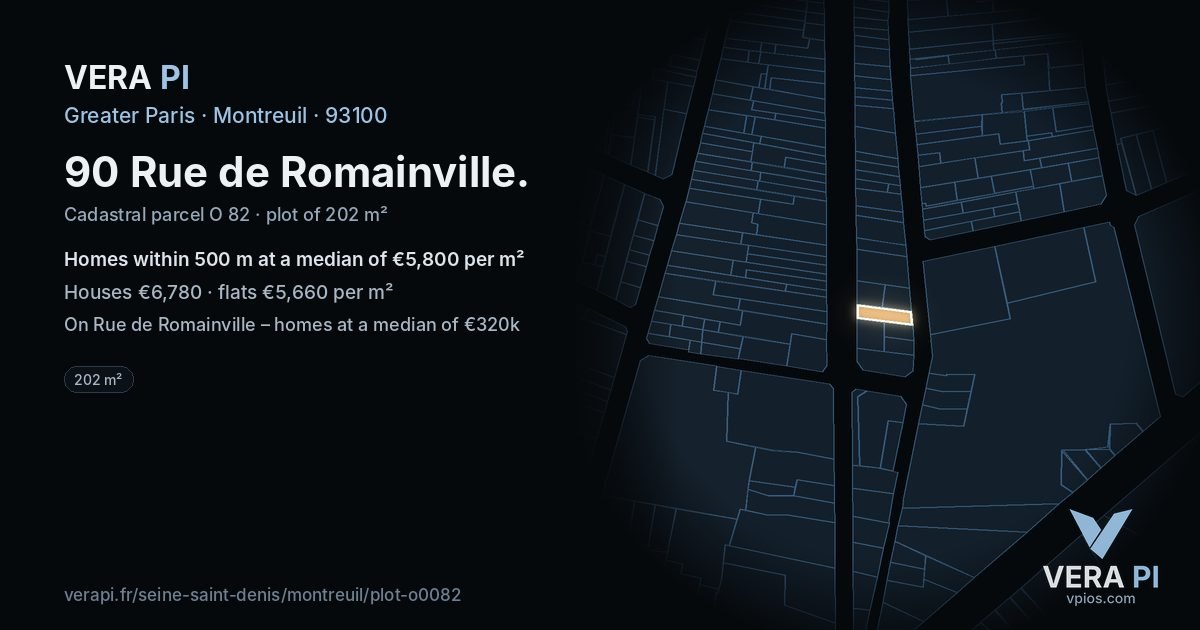 90 Rue de Romainville, Montreuil at night – the plot lit, the parcels around coloured by the prices near them