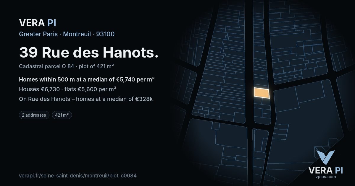 39 Rue des Hanots, Montreuil at night – the plot lit, the parcels around coloured by the prices near them