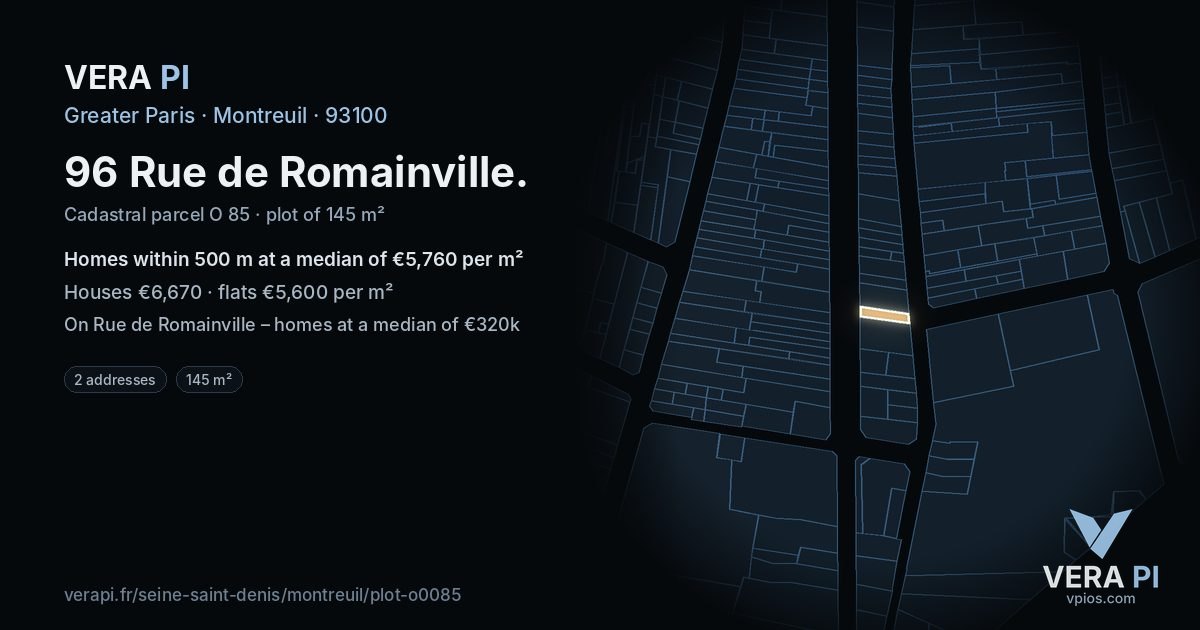 96 Rue de Romainville, Montreuil at night – the plot lit, the parcels around coloured by the prices near them