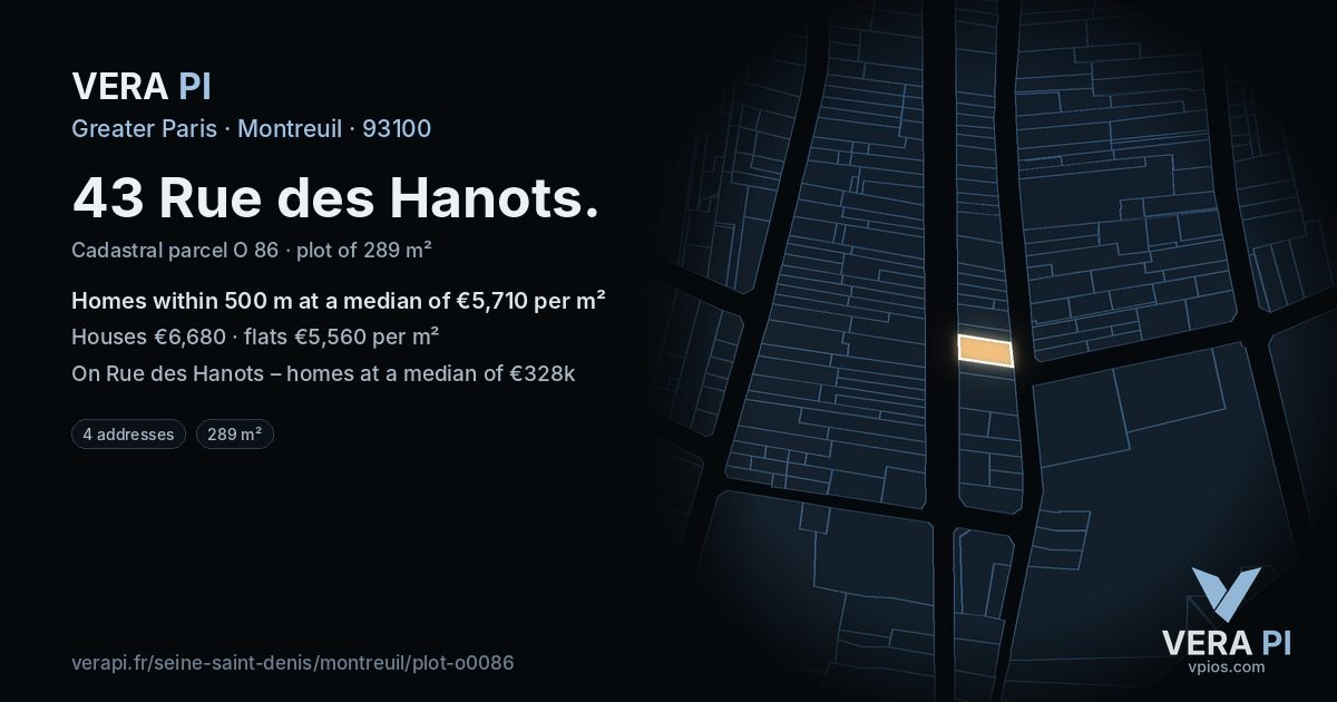43 Rue des Hanots, Montreuil at night – the plot lit, the parcels around coloured by the prices near them