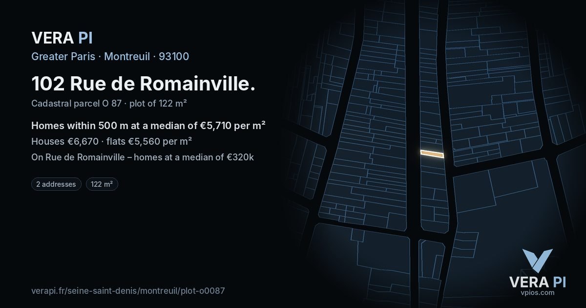 102 Rue de Romainville, Montreuil at night – the plot lit, the parcels around coloured by the prices near them